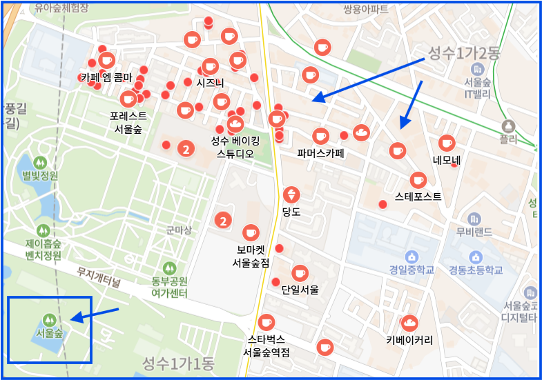 서울숲 주변으로 카페들 위치가 표기된 네이버지도 이미지