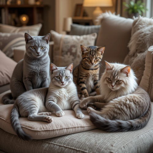 고양이 품종 관련 사진이다. 서로 다른 품종의 고양이 4마리가 눕거나 앉아 있다.