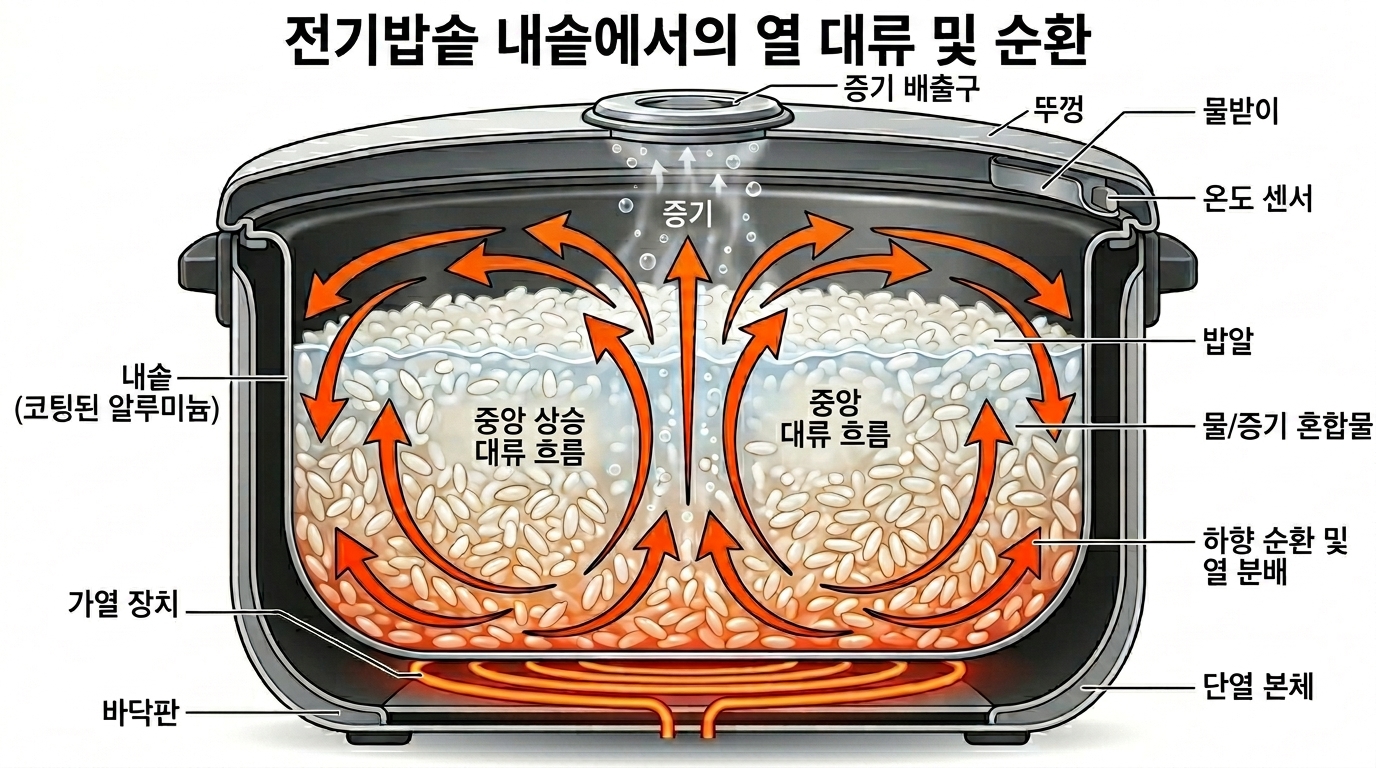 6인용 내솥 내부의 열 대류 흐름을 보여주는 시각적 이미지
