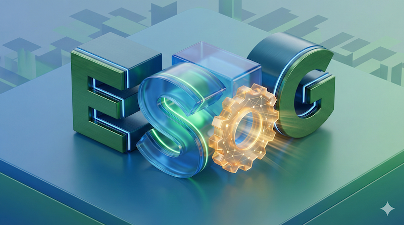 ESG를 뜻하는 3개의 거대한 블록 중 'S(사회적 책임)' 블록에 빛나는 톱니바퀴 아이콘이 완벽하게 맞물려 들어가는 3D 아이소메트릭 일러스트로, 장애인 표준사업장과 ESG 경영의 결합을 표현한 이미지