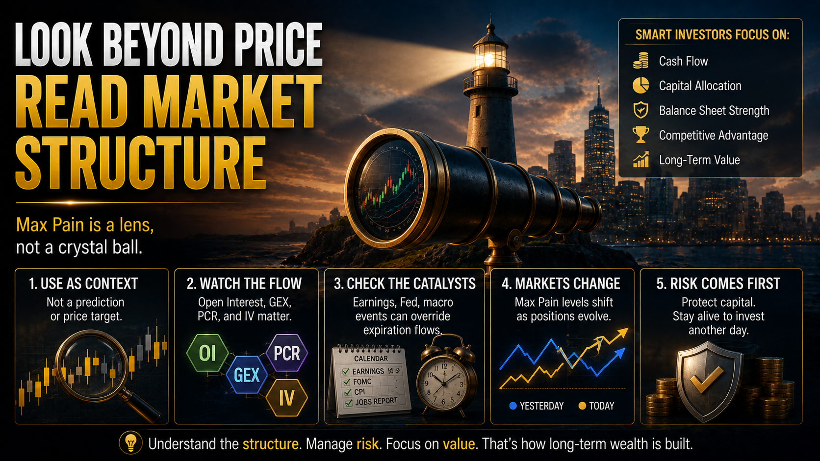Investment concept showing Max Pain as a tool for understanding market structure, liquidity, and long-term investing rather than predicting prices.