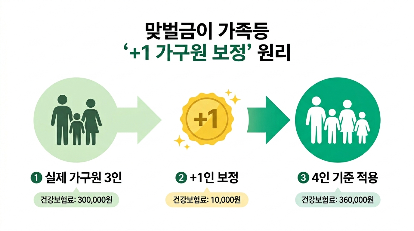 맞벌이 가구원 수 +1 보정 원리 &mdash; 3인 가구가 4인 기준으로 판정되는 과정