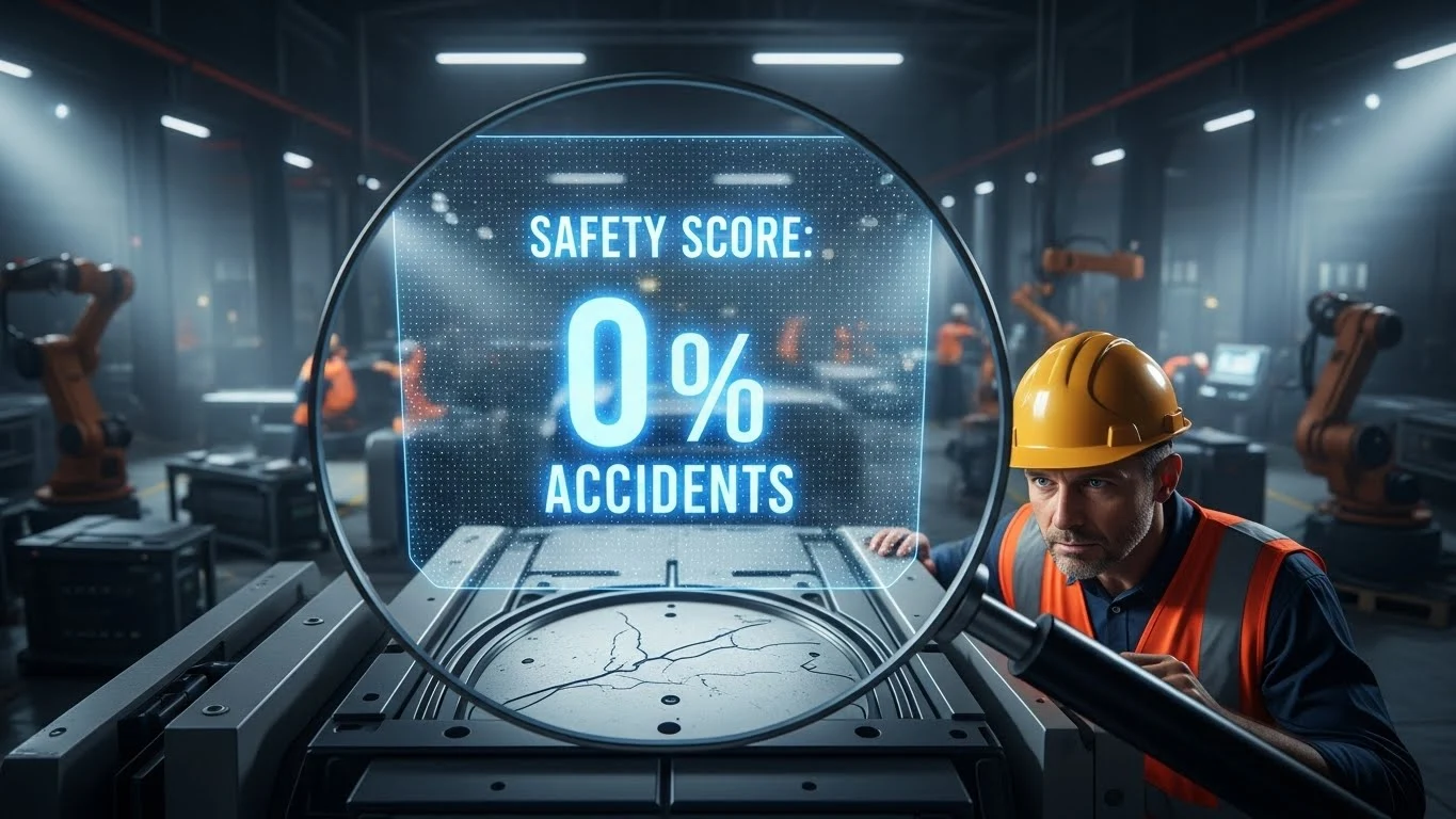 재해율 0%라는 완벽한 안전 점수 홀로그램 뒤에 숨겨진 기계의 균열과 잠재적 위험 요소를 돋보기로 살펴보는 안전 관리자의 모습. 숫자에 가려진 현장의 진짜 위험을 상징.