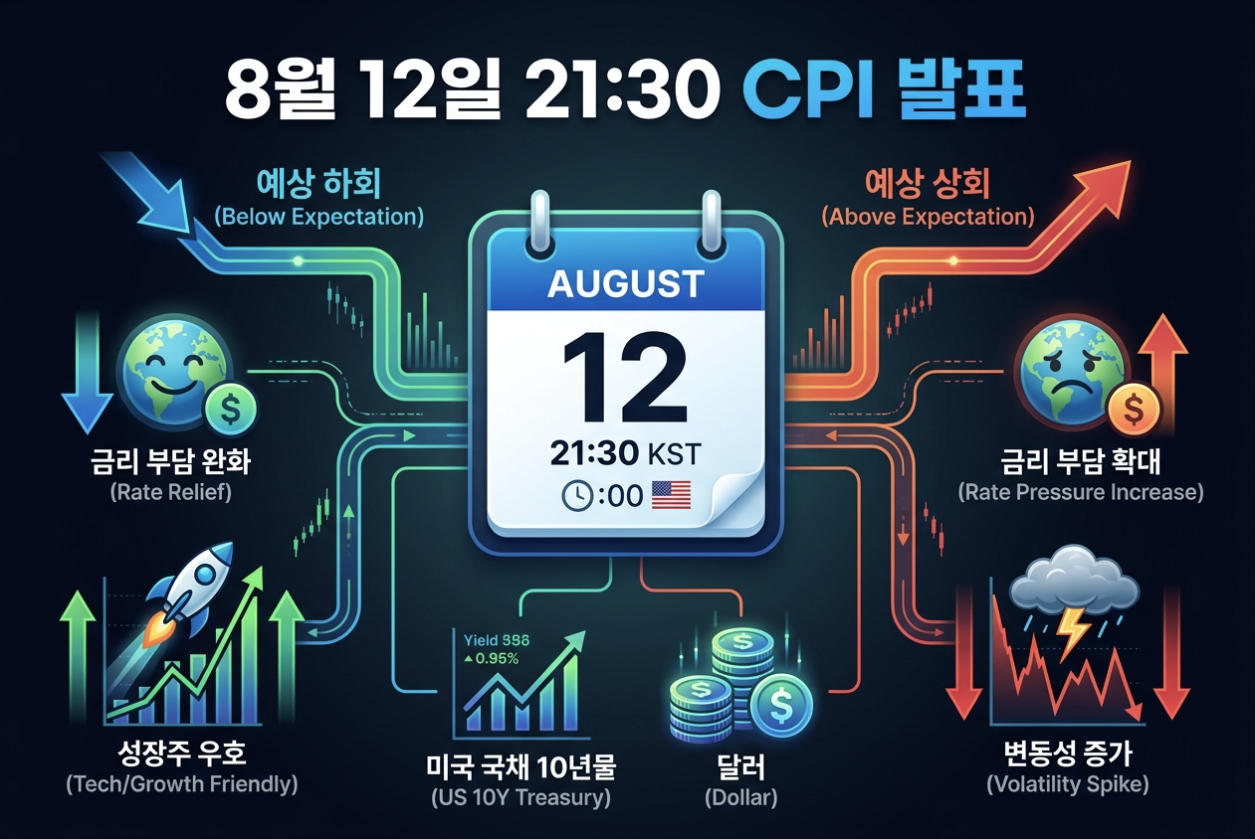 2026년 8월 12일 미국 CPI 발표시간과 금리, 기술주 변동 시나리오를 정리한 인포그래픽