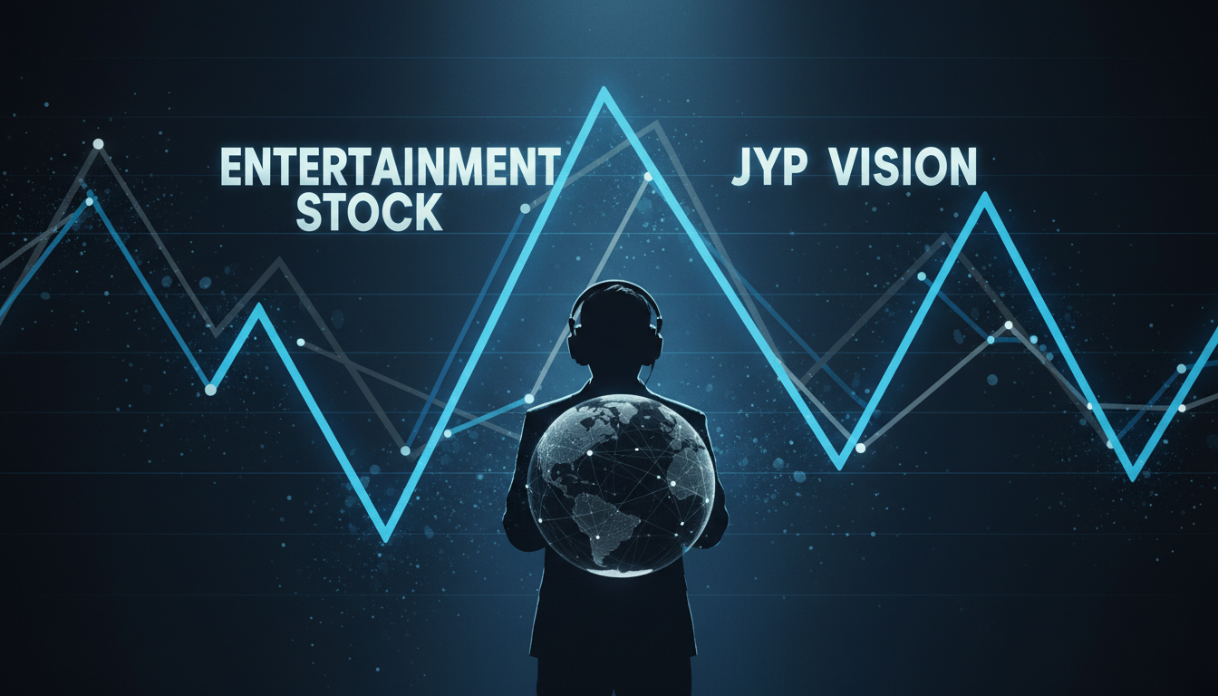 JYP엔터테인먼트 주가 변동과 박진영 프로듀서의 비전을 나타내는 일러스트