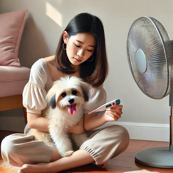 실내에서 반려견을 안고 숨 가쁜 모습을 걱정스럽게 지켜보는 동양인 젊은 여성