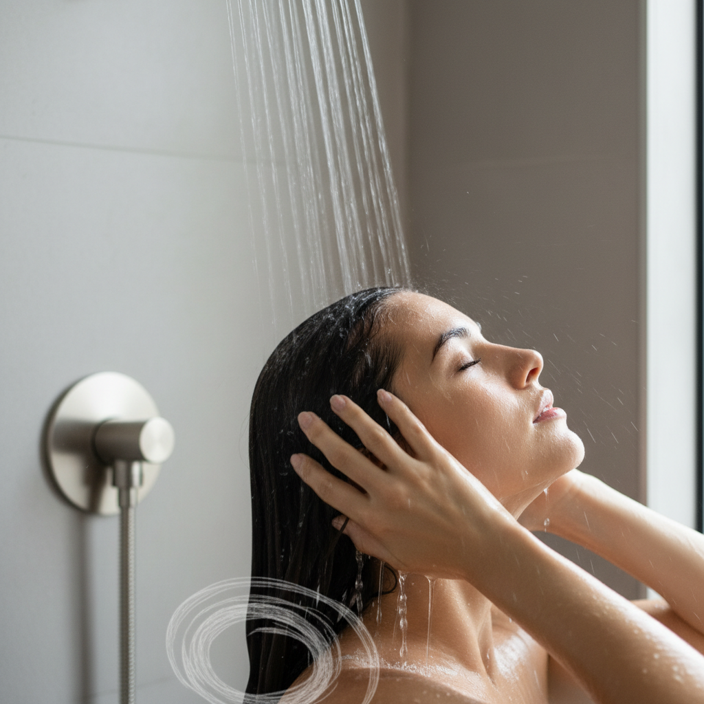 샴푸 잔여물이 남지 않도록 깨끗하게 물로 헹구는 모습