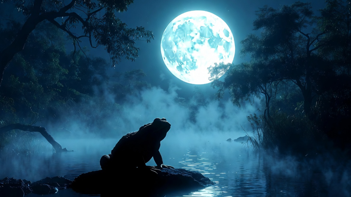 보름달의 빛을 받으며 산란지를 향해 명상하듯 앉아 있는 두꺼비