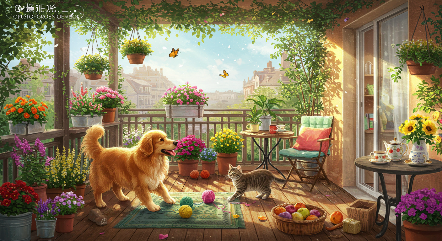 개와 고양이가 있는 베란다 정원