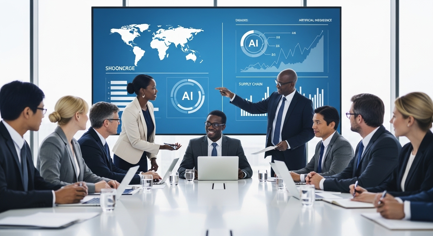 글로벌 경제 리더들이 첨단 회의실에서 AI, 공급망 등 주요 경제 현안에 대해 열띤 토론을 벌이고 있는 모습. 데이터 시각화 자료가 대형 스크린에 표시되어 있습니다.