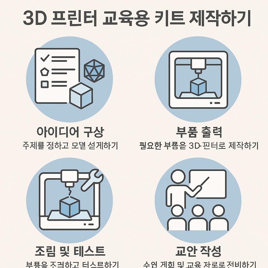 3D 프린터 제작 과정 단계별 인포그래픽: 주제 정하기, 모델링, 슬라이싱, 출력, 후가공, 발표