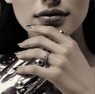 실버 컬러가 눈에 띄는 메탈 네일아트 사진&#44; 여성 얼굴의 반쪽이 나와있습니다.