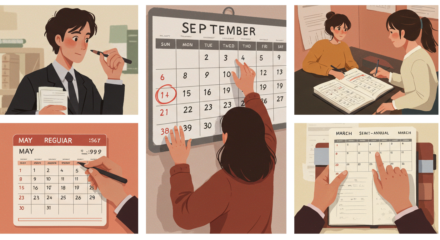 정기&middot;반기&middot;기한 후 접수 기간을 달력으로 표시하는 모습