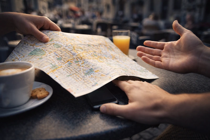 유럽 야외 카페 테이블 위에서 관광 지도가 스마트폰을 가리는 사이, 아래에서 다른 손이 휴대전화를 몰래 집으려 하고 여행자는 당황한 손짓을 보이는 소매치기 수법 재현 클로즈업 이미지