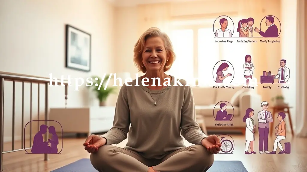온화하게 미소 짓는 중년 여성의 실루엣이 중앙에 위치한다. 주변에는 편안한 집안 환경(안전 바, 정돈된 가구), 요가 매트 위 명상 자세, 즐겁게 웃는 사람들(가족, 친구), 의료진과의 상담 모습.
