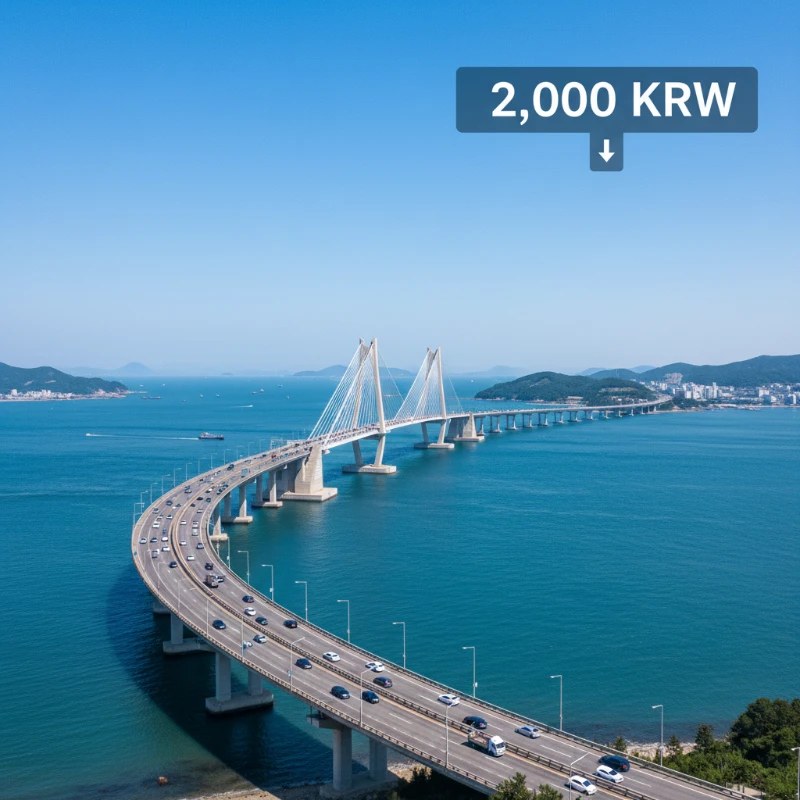 푸른 바다 위를 가로지르는 인천대교 전경과 2,000원 요금 인하를 상징하는 그래픽 요소