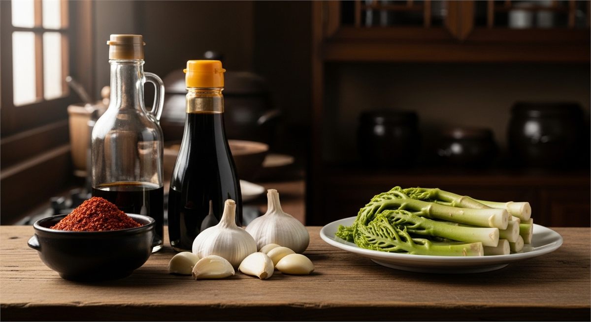 두릅무침 양념 재료를 함께 놓은 한국형 주방 장면
