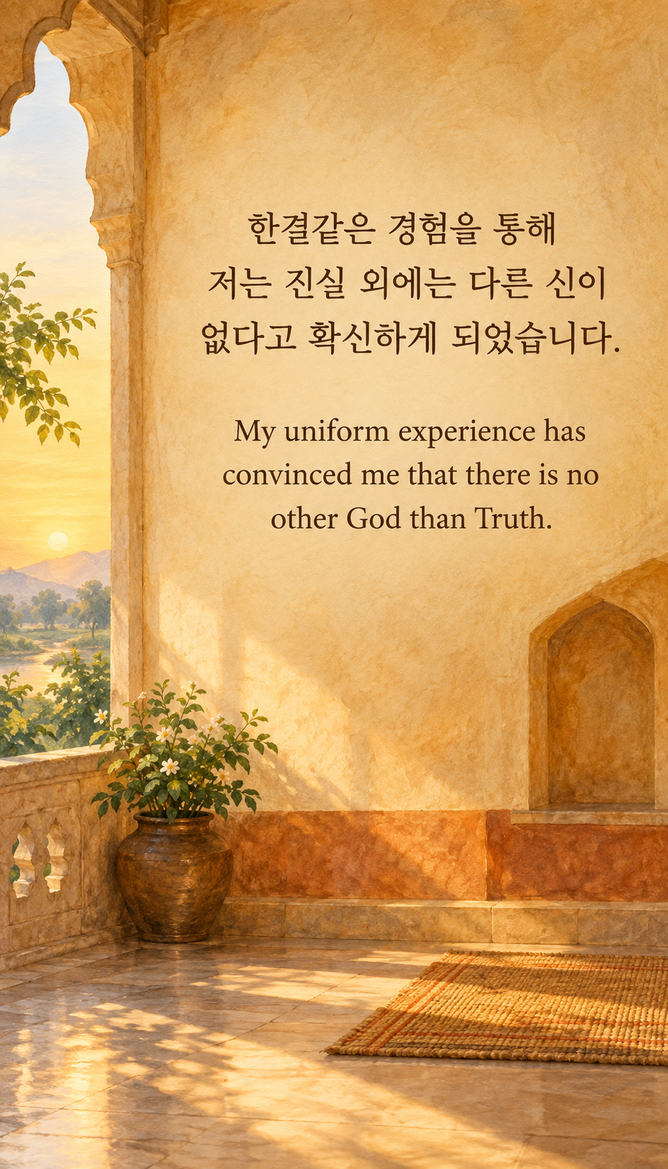 한결같은 경험을 통해 저는 진실 외에는 다른 신이 없다고 확신하게 되었습니다. &mdash; 빛이 드는 빈 기도 공간, 인도풍 그림