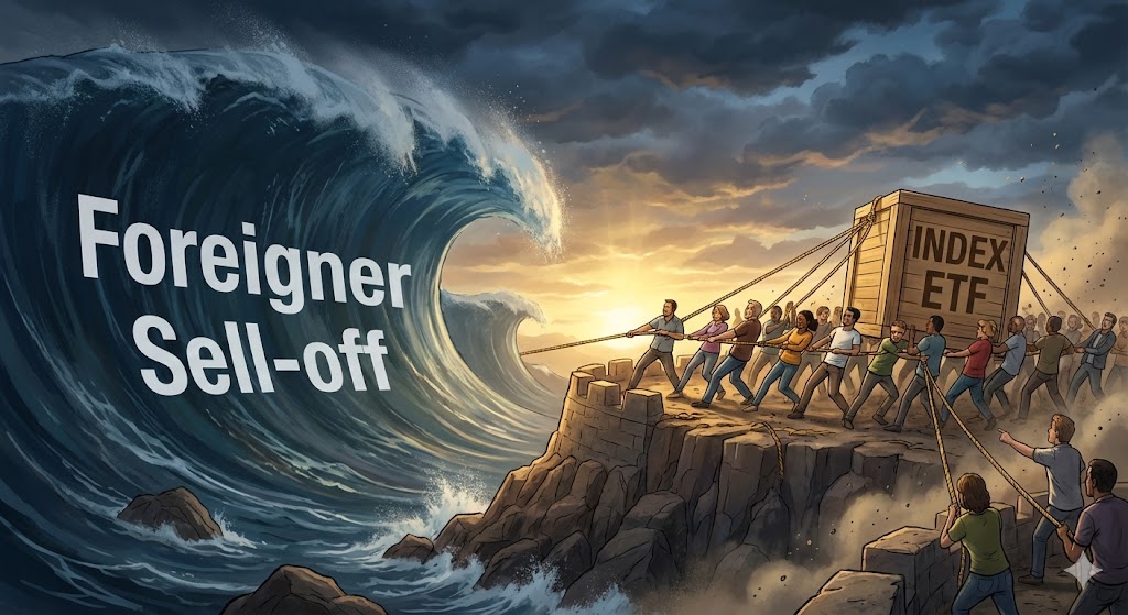 거대한 파도(외국인 매도)에 맞서 튼튼한 밧줄을 당기며 배를 끌어올리는 개인 투자자들의 모습