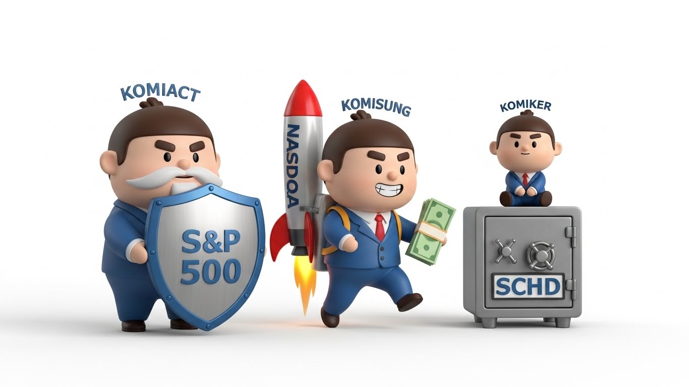 3명의 캐릭터가 서 있는 모습. 맏형(S&P 500 방패), 둘째(나스닥 로켓), 막내(두꺼운 금고)가 각각의 특징을 나타내는 아이템을 들고 있는 일러스트