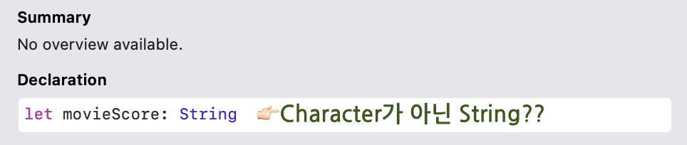 개발자는 Character 타입으로의 추론을 희망했으나, 컴파일러는 추론 시 더 큰 위계의 유형으로 파악하므로 String으로 추론됨
