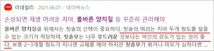 칫솔모와 적절한 크기 중요성 기사 이미지