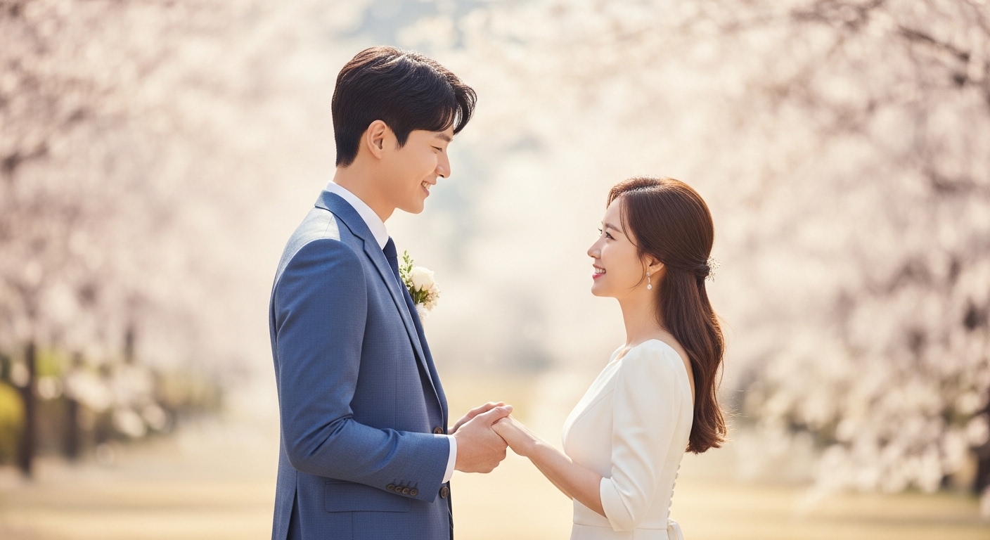 나는솔로 29기 영철과 정숙이 행복하게 손을 맞잡고 서로를 바라보는 결혼 사진, 따뜻한 봄날 벚꽃 배경이 어우러져 로맨틱한 분위기를 연출합니다.