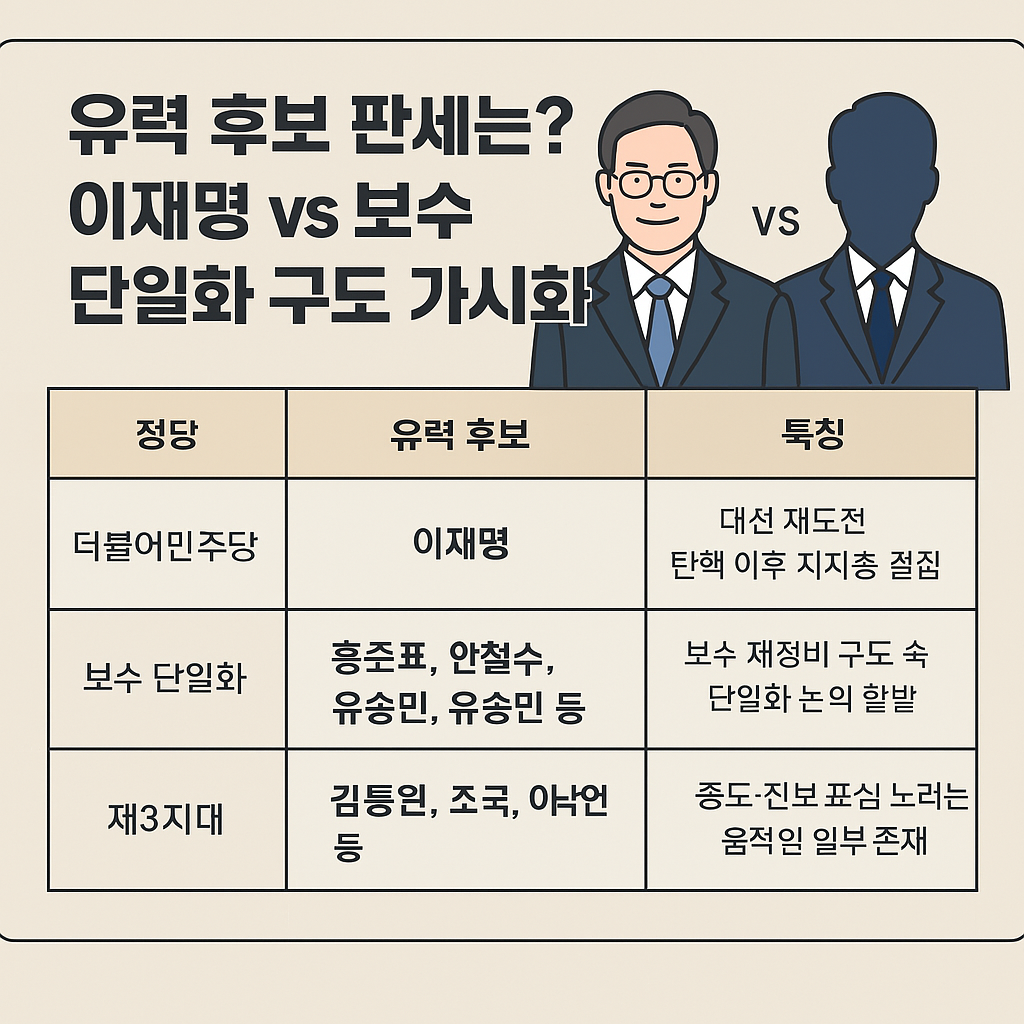 한눈에보는 📌 3. 유력 후보 판세는? 이재명 vs 보수 단일화 구도 가시화 사진