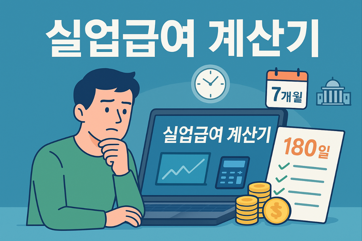실업급여 계산기, 실업급여 180일 계산기, 피보험 단위 기간 계산기, 실업수당 계산기, 고용 보험 실업 급여 계산기, 실업급여 금액 계산기