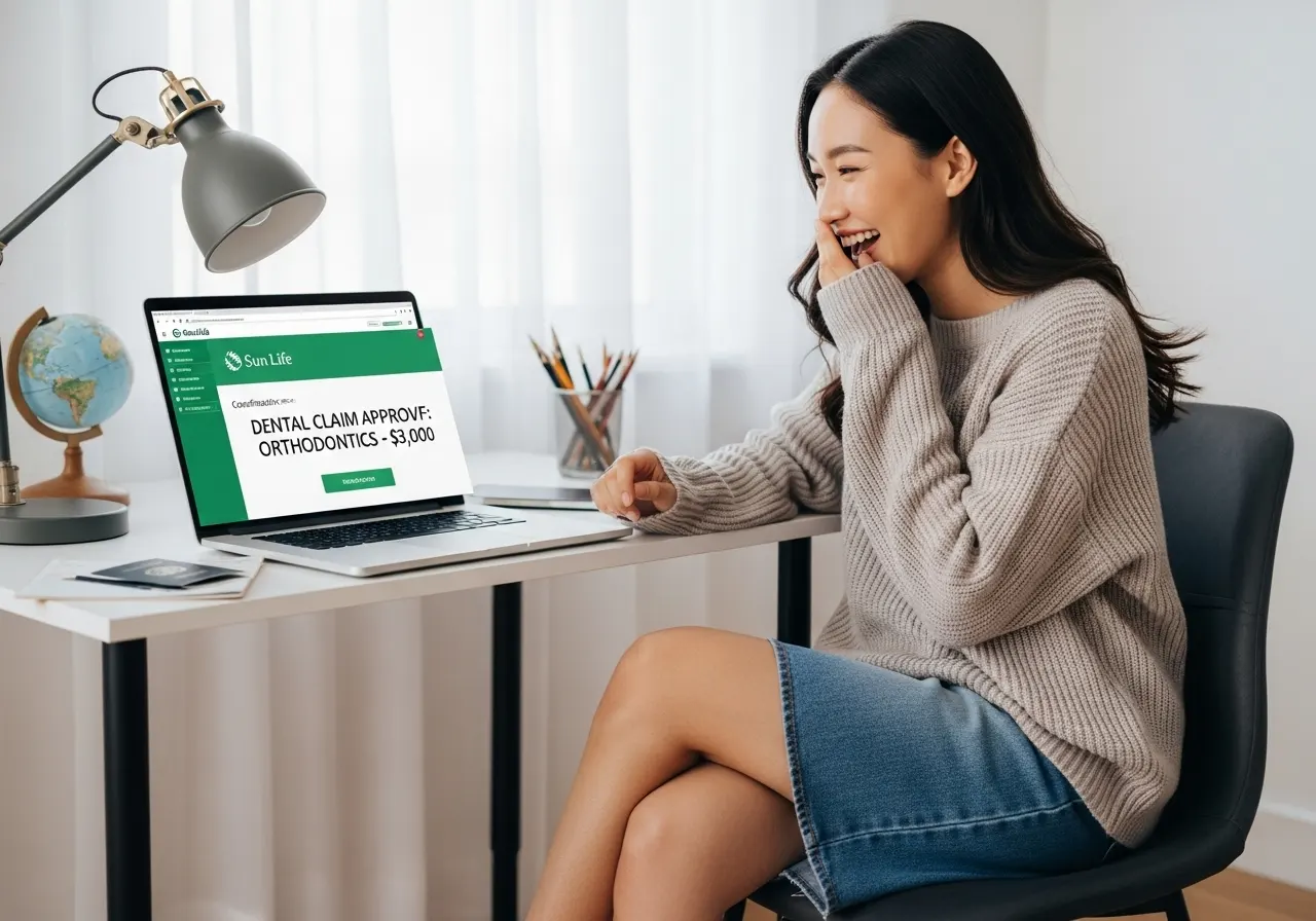 젊은 한국인 여성이 자신의 집에서, "CLAIM APPROVED: $3,000" 이라고 쓰인 직장 보험의 치아 교정 비용 청구 승인 내역을 보고 기뻐하고 있다
