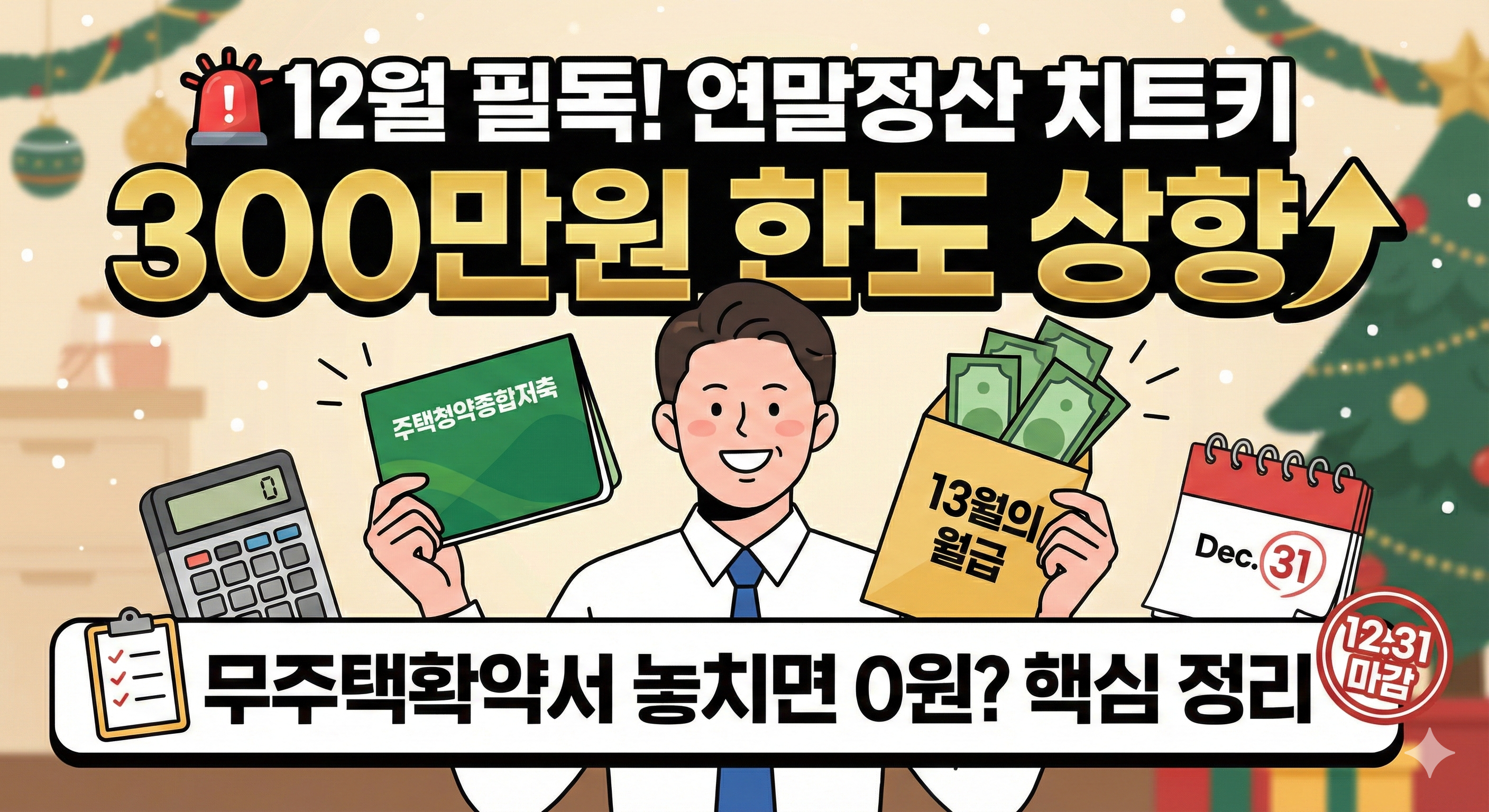 "12월 연말정산 주택청약 소득공제 300만원 한도 상향 및 무주택확약서 제출 마감(12.31) 핵심 정리 일러스트 썸네일"