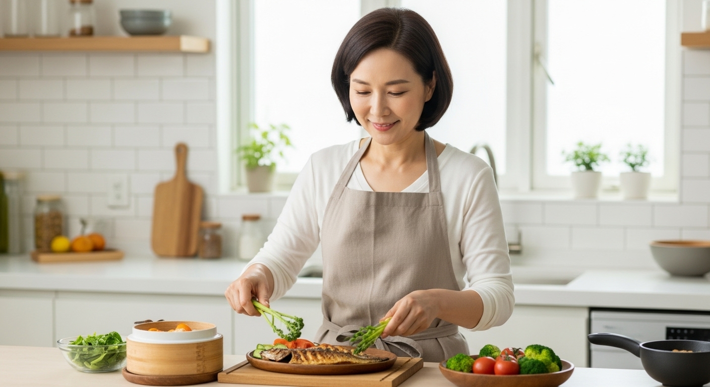 저염식 식단을 준비하는 한국 중년 여성
