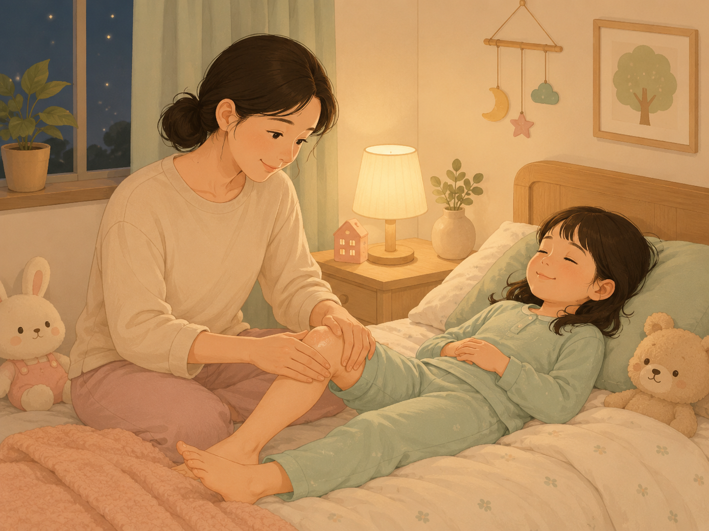 자기 전 무릎 성장통을 호소하는 아이 다리를 부드럽게 마사지해주는 엄마