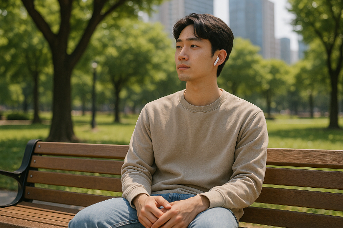 도시 공원에서 혼자 휴식 중인 MZ세대