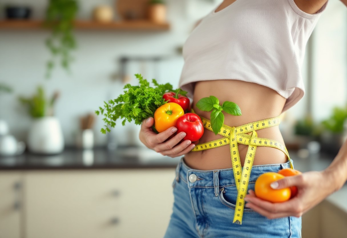 허리에 줄자를 두르고 채소를 들고 있는 사람. 뱃살 다이어트와 내장지방 관리를 상징하는 이미지