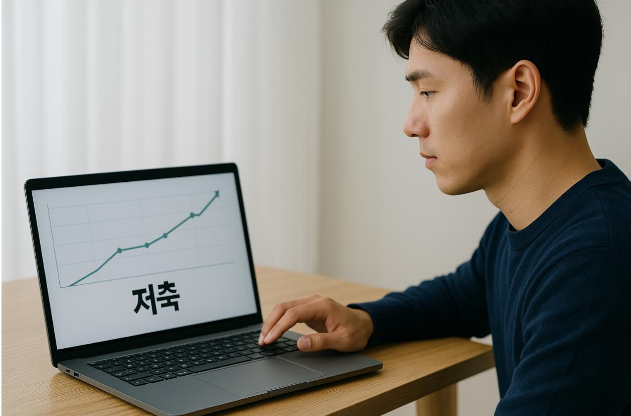 스타일 통장 잔액이 점점 늘어나는 그래프와 함께 노트북을 보는 청년.