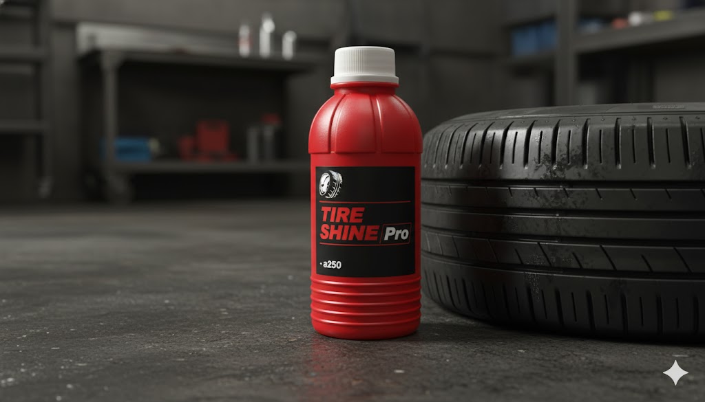 삼양플라스틱의 a250 레드 용기에 담긴 'TIRE SHINE Pro' 타이어 광택제. 전문가용 작업 공간에서 강력한 효과를 암시