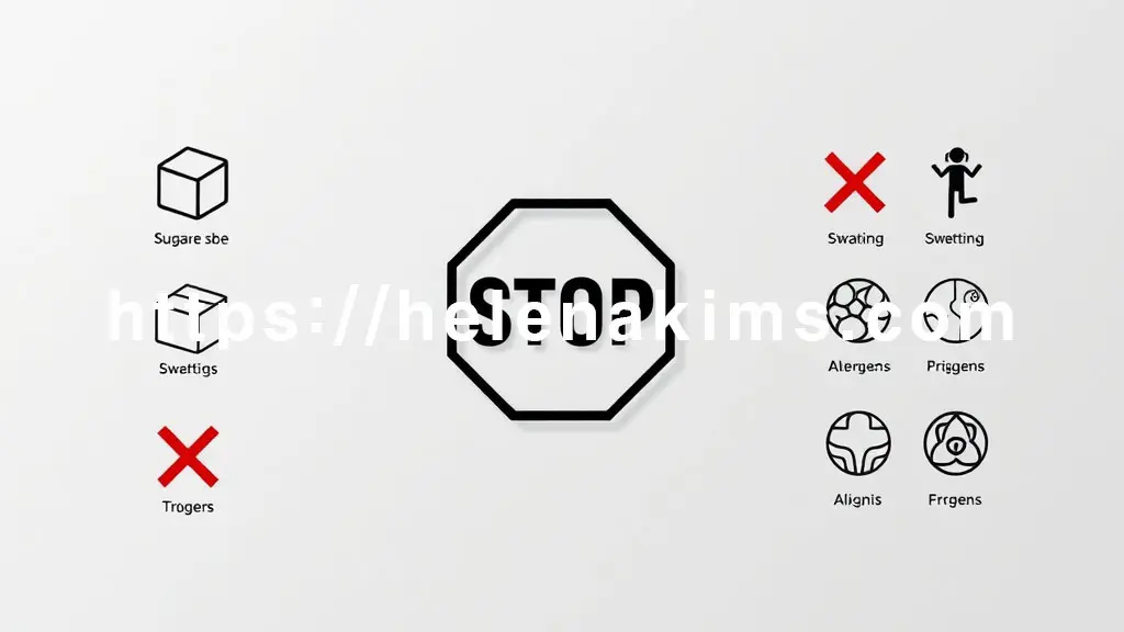 밝은 회색 또는 베이지색 배경 위에 STOP 을 연상시키는 정돈된 경고 표지판 아이콘이 중앙에 있고, 주변에는 작은 아이콘들로 주의할 점을 표현한 이미지.