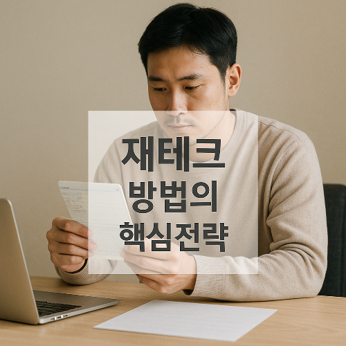 통장을 보는 남성과 ‘재테크 방법의 핵심전략’ 텍스트가 중앙에 배치된 썸네일