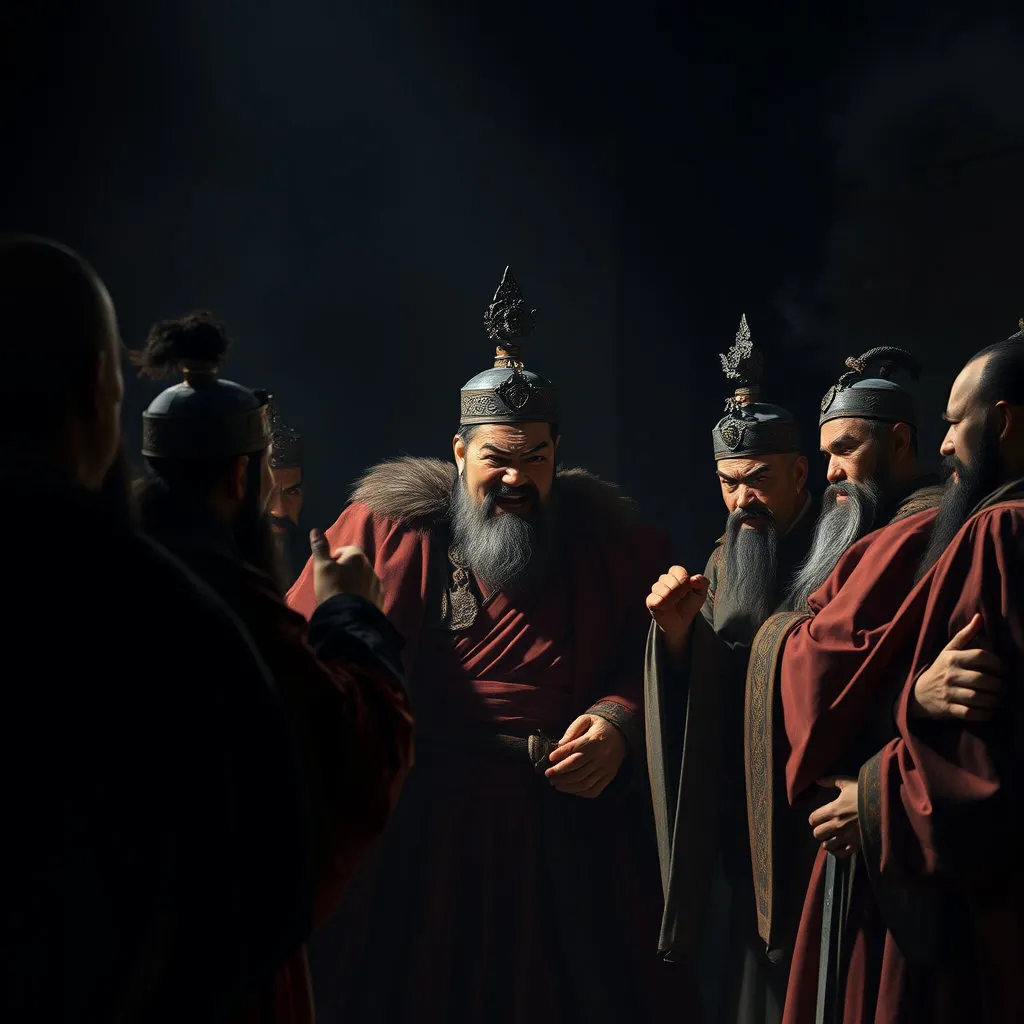 어두운 조명의 조정에서 연산군이 불같이 화를 내며 신료들을 질책하고, 한편에서는 김일손과 유자광 등의 인물들이 대립하는 모습을 보여줍니다. 긴장감 넘치는 분위기 속에서 갈등이 폭발하는 순간을 포착합니다.