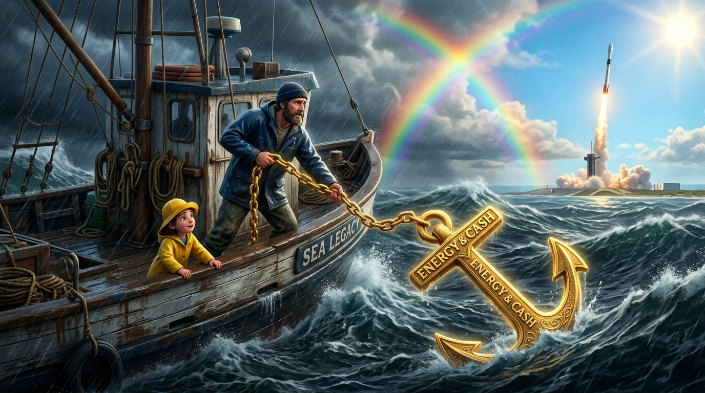 거친 폭풍우 속에서 아빠가 든든한 닻을 내리고, 수평선 너머로 스페이스X 로켓이 날아오르는 희망적인 3D 일러스트