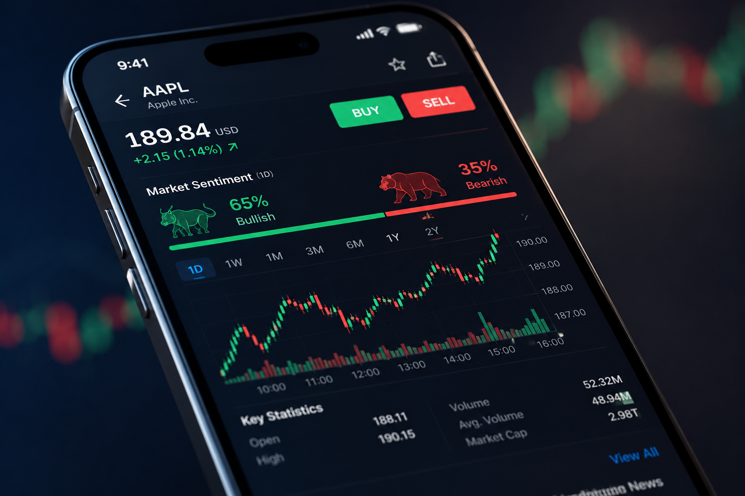 스마트폰 화면에 띄워진 증권사 모바일 트레이딩 시스템(MTS)의 ETF 매매 화면과 상승/하락 지표들의 클로즈업 샷. 선명한 숫자와 그래프가 아웃포커싱된 배경 속에서 강조되며 최신 핀테크 투자 환경을 사실적으로 묘사한 8k 라이프스타일 사진.