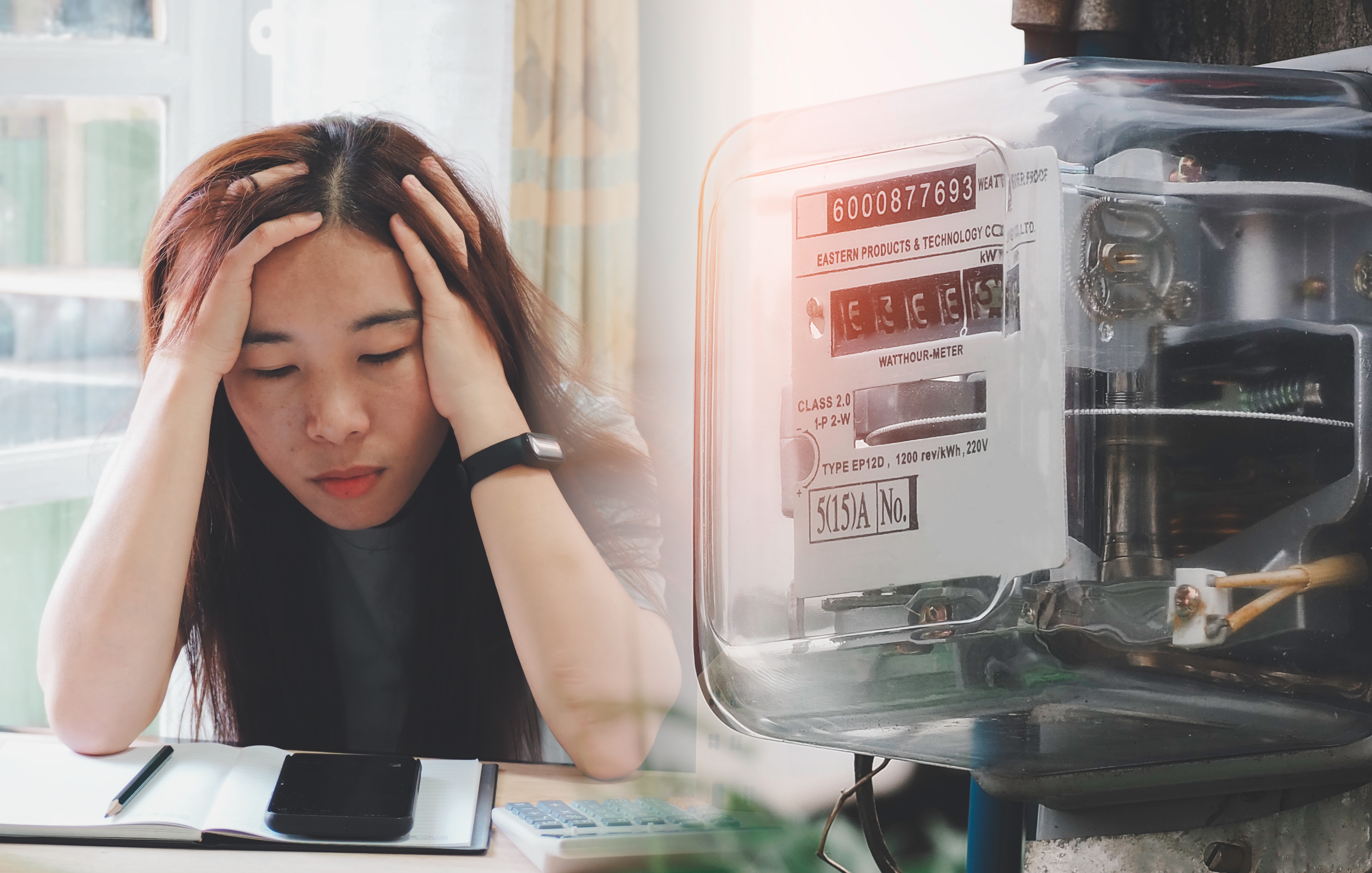 전기요금 고지서를 걱정하는 여성과 전력 계량기 모습