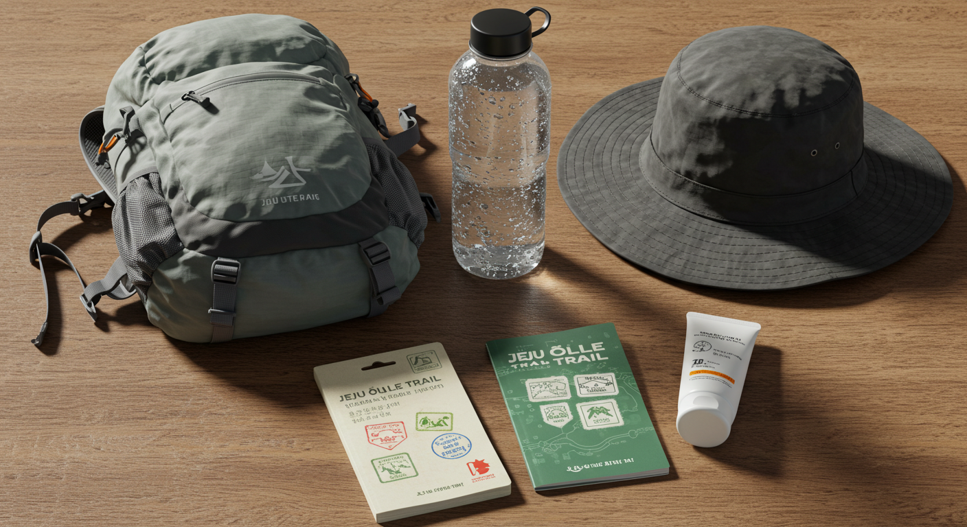 제주 올레길 트레킹을 위한 필수 준비물인 배낭, 생수, 모자, 선크림, 스탬프북