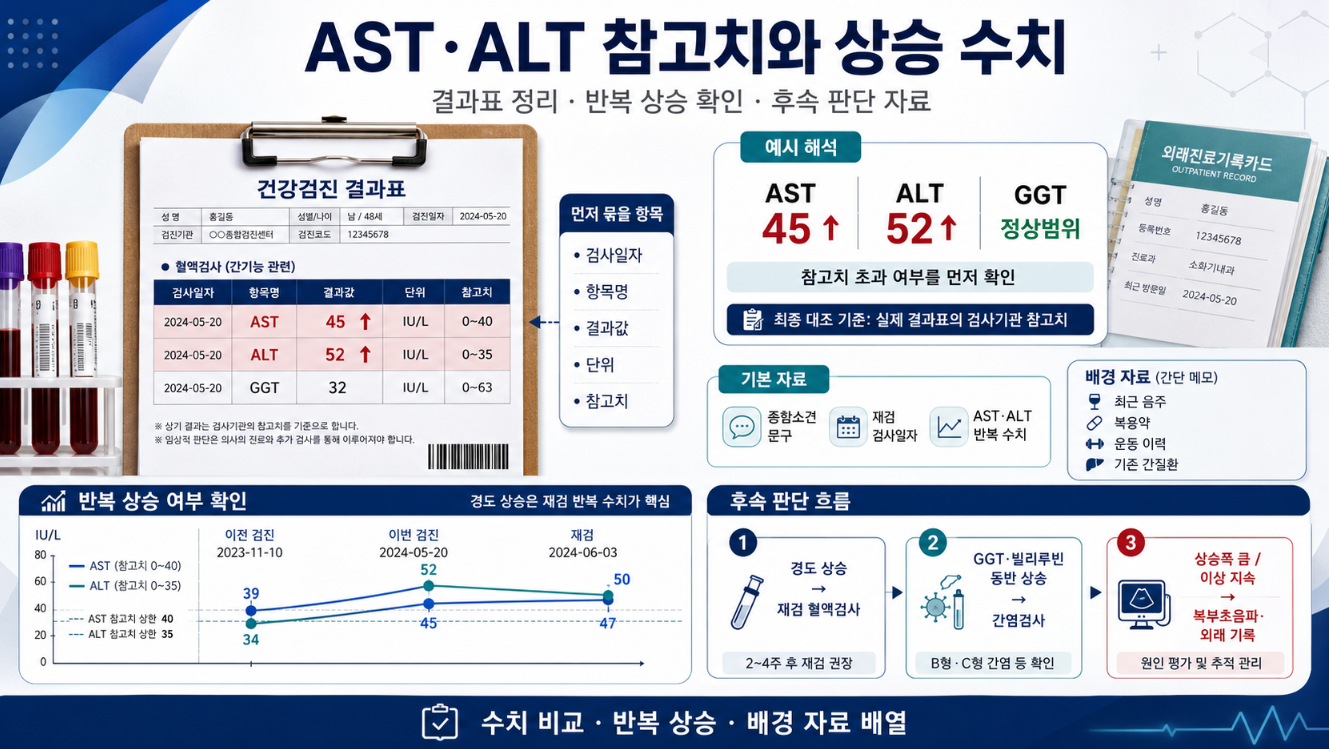 AST&middot;ALT 참고치 초과 결과와 반복 상승 여부, GGT&middot;빌리루빈 동반 항목을 정리한 간기능 검사 인포그래픽