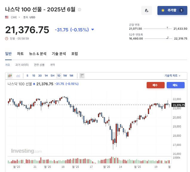 2025년 5월 30일 나스닥 100 선물 지수 흐름, 출처 : Investing.com