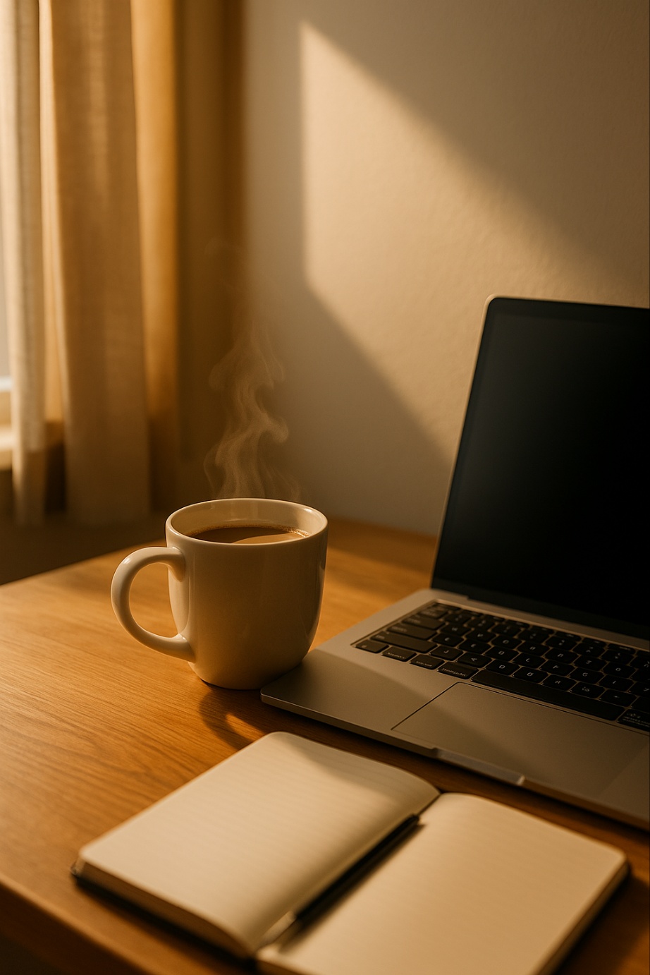 책상 위에 커피 한 잔과 펼쳐진 노트와 펜이 놓인 글쓰기 준비 장면