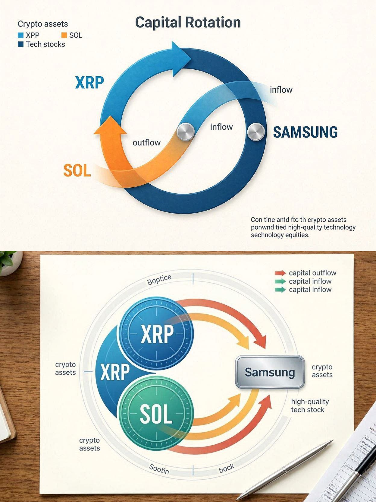 A financial flow chart illustrating capital rotation from high-beta crypto assets like XRP and SOL into deep tech equities.