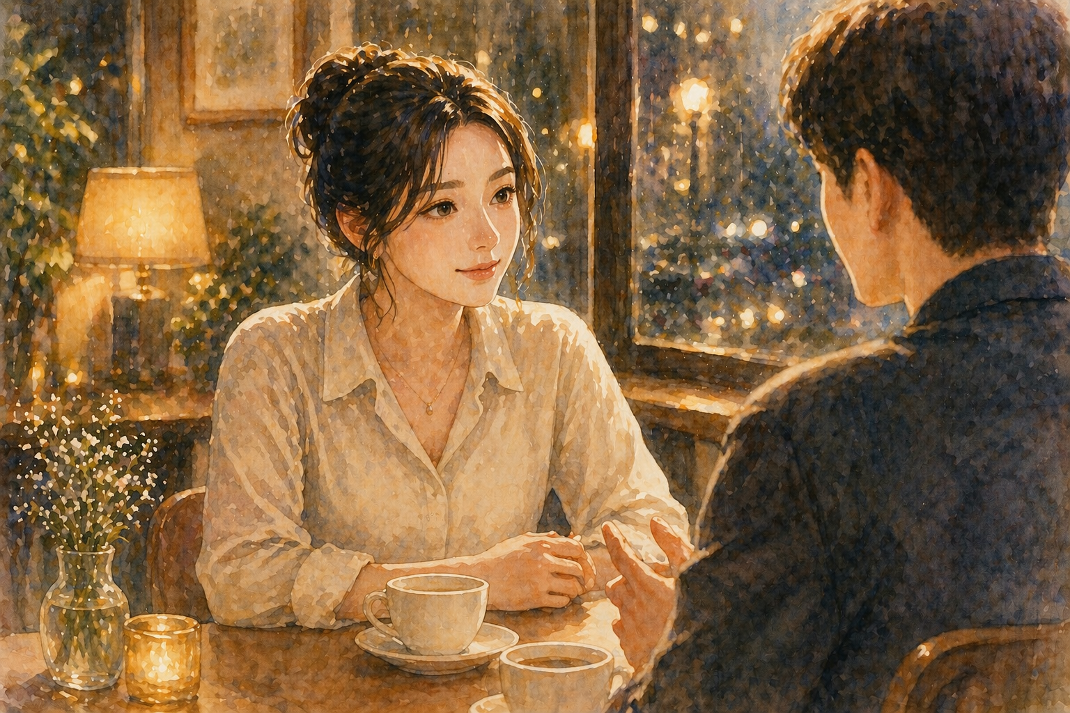 "따뜻한 조명이 켜진 저녁의 카페 테이블. 한 여성이 상대방과 마주 앉아 차분하고 안정된 눈빛으로 대화를 나누고 있다. 그녀의 입가에는 옅은 미소가 있지만, 눈빛은 흔들림 없이 단호하다. 자신의 기준을 지키면서도 상대와 우아하게 소통하는 자존감 높은 대화의 순간을 표현한 수채화 일러스트."