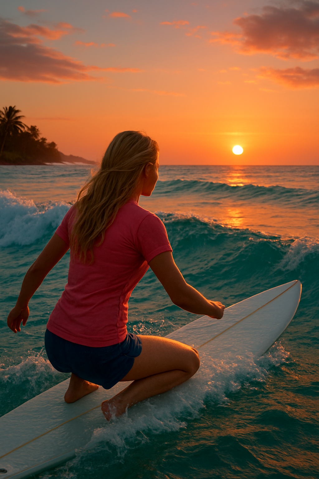 하와이 해변에서 한 팔로 서핑 보드를 타는 금발의 소녀가 붉은 노을 아래 파도를 향해 나아가는 모습